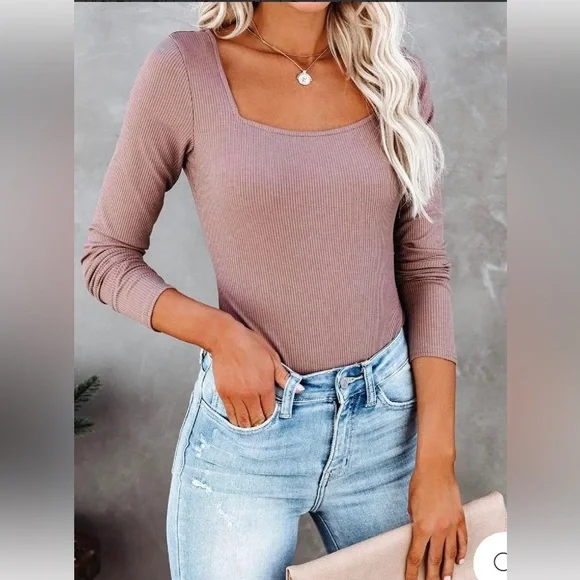 VICI Trina Square Neck Ribbed Bodysuit in Mocha Tan Cognac Light Brown Nude - Picture 4 of 8